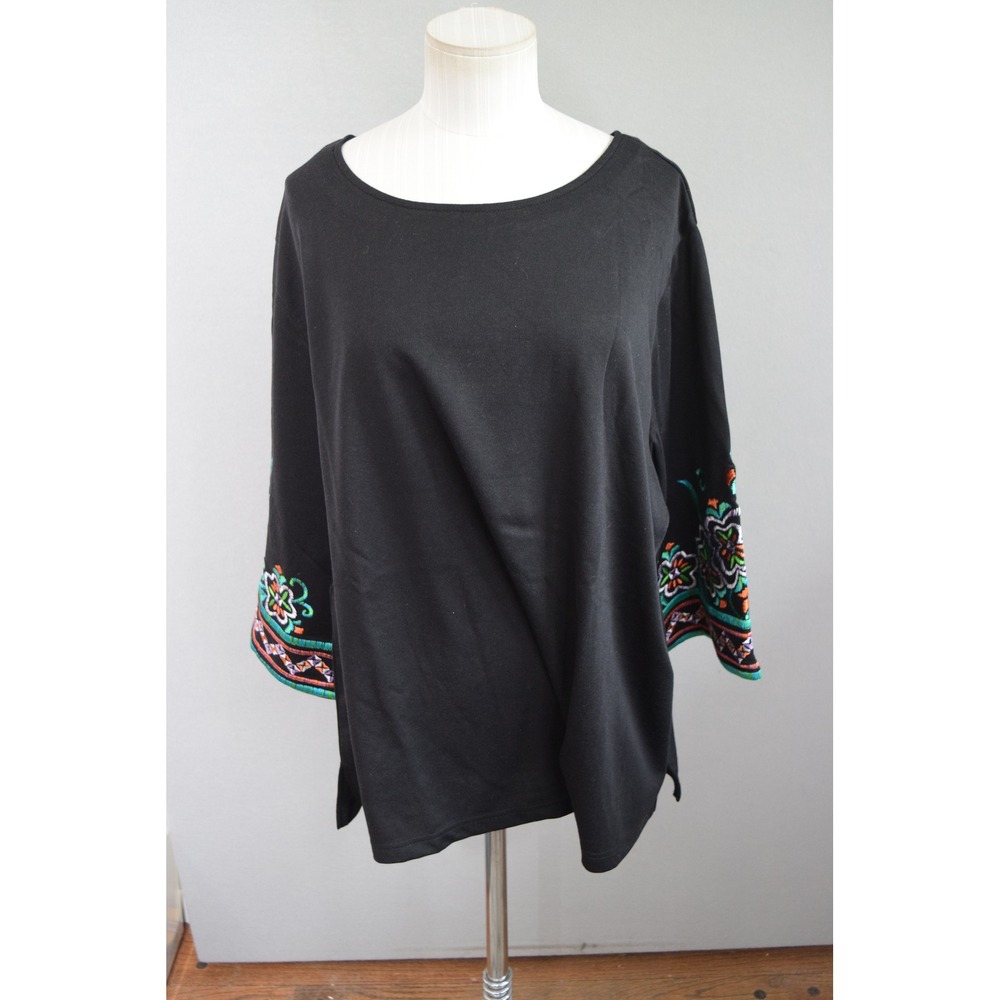Bob Mackie Wearable Art Tunic 2X Black Embroidered Sleeve Scoop Neck Women Top